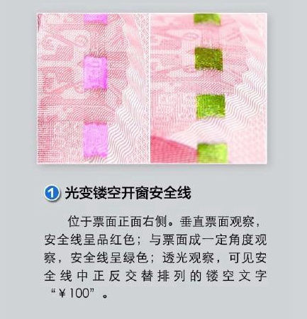 防伪标识一:光变镂空开窗安全线。 来自央行 防伪标识一:光变镂空开窗安全线。 来自央行